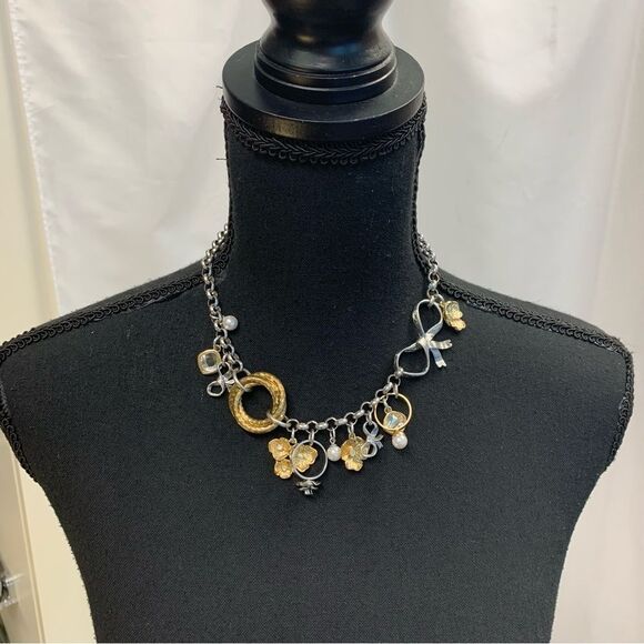 GOLD and silver tone charm necklace bow ring flower pearl - Picture 11 of 11